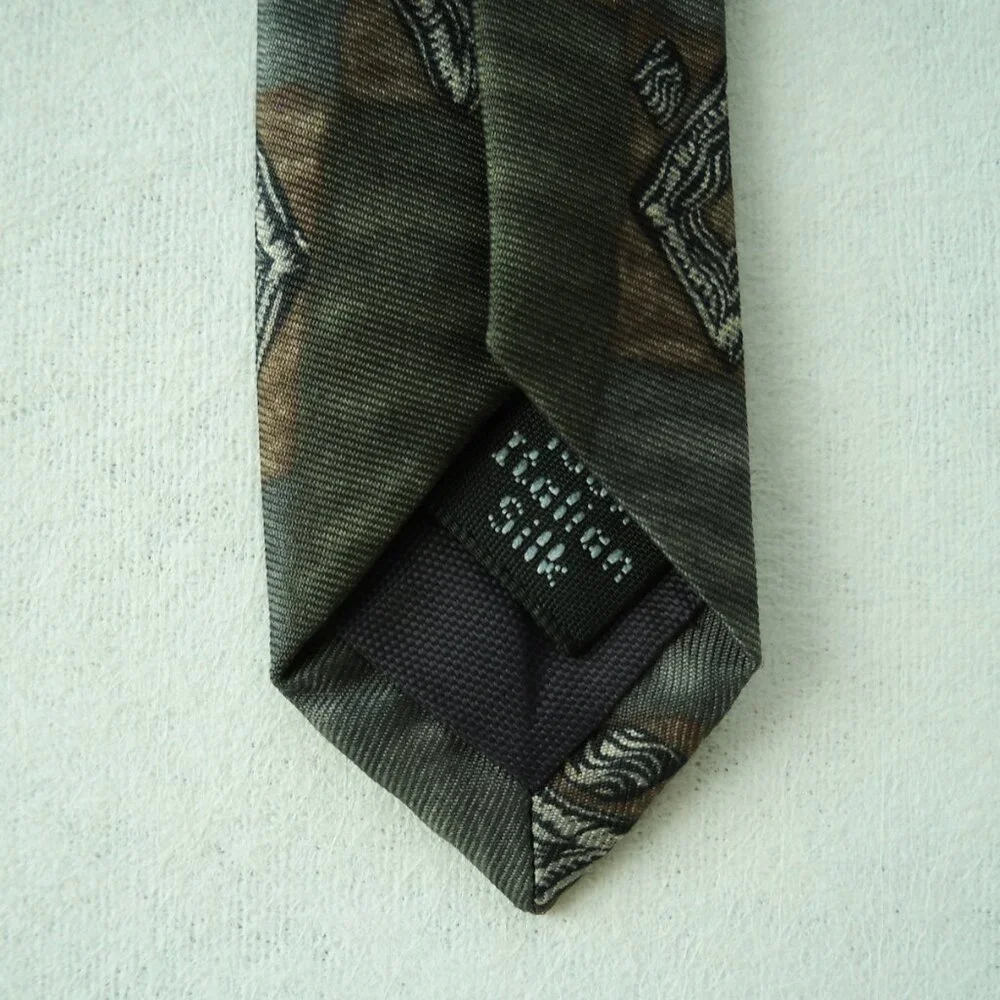 Henry Grethel Olive Green Neck Tie 100% Italian Silk Gray Brown Geometric Stripe